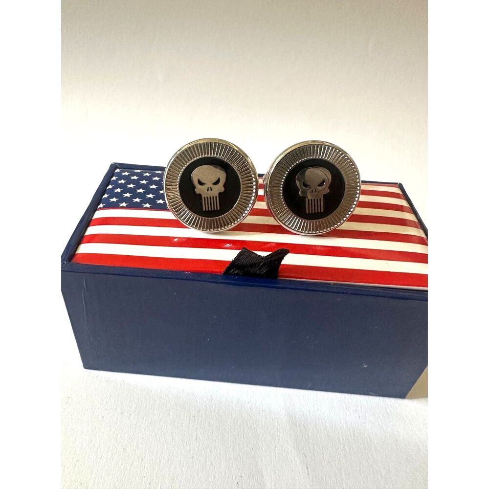 The Punisher Skull Cufflinks — Silver & Black — USA Gift Box